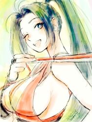 1girl artist_name black_hair breasts cleavage dated fatal_fury hair_ribbon hand_fan highres japanese_clothes large_breasts long_hair one_eye_closed open_mouth ponytail ribbon shiranui_mai sideboob smile snk solo teeth the_king_of_fighters tongue wink