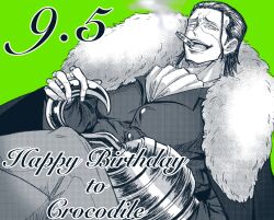 Rule 34 | 1boy, ascot, black hair, cigar, crocodile (one piece), from below, greyscale with colored background, hair slicked back, happy birthday, highres, hook hand, hourinoki, large pectorals, male focus, mature male, one piece, pectorals, scar, scar on face, scar on nose, short hair, smoking, smug, solo, stitches