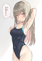 Rule 34 | 1girl, arm behind head, arm up, bad id, bad twitter id, black one-piece swimsuit, blush, breasts, brown hair, cleavage, commentary request, competition swimsuit, covered navel, gradient background, grey background, groin, hand up, highres, long hair, medium breasts, nail polish, one-piece swimsuit, original, pink eyes, red nails, saeki sora, solo, swimsuit, very long hair, white background