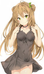 Rule 34 | 1girl, absurdres, bare arms, bare shoulders, black dress, breasts, collarbone, cowboy shot, double bun, dress, girls&#039; frontline, green eyes, hair between eyes, highres, light brown hair, long hair, looking at viewer, medium breasts, pointing, pointing at self, rfb (girls&#039; frontline), short dress, silver (chenwen), smile, solo