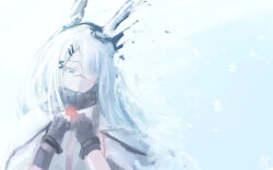 Rule 34 | 1girl, animal ears, arknights, black gloves, blue background, ear ornament, frostnova (arknights), gloves, grey eyes, hair ornament, hairclip, hands up, highres, jacket, lolifreak, parted lips, rabbit ears, scar, scar on face, scar on nose, snowflakes, solo, upper body, white hair, white jacket