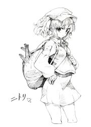 Rule 34 | 1girl, backpack, bad id, bad pixiv id, bag, character name, cropped legs, female focus, greyscale, hand on own hip, hat, heart, highres, kawashiro nitori, monochrome, oshake, simple background, solo, touhou, twintails, two side up, white background