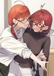 Rule 34 | 2girls, 92m, :d, absurdres, age difference, ahoge, blush, closed eyes, commentary, commentary request, earrings, glasses, hair intakes, highres, hug, indoors, jewelry, kinshi no ane (92m), looking at another, mother and daughter, multiple girls, open mouth, original, pants, pink eyes, sanako (92m), smile, sweatdrop, turtleneck, umbrella