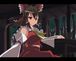 Rule 34 | 1girl, :/, arm support, bow, brown eyes, brown hair, detached sleeves, drink, female focus, hair bow, hair tubes, hakurei reimu, japanese clothes, letterboxed, miko, nekomushi, red eyes, sitting, solo, table, touhou, tree