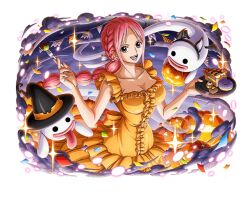 Rule 34 | 1girl, animal ears, brown eyes, cake, cake slice, doughnut, dress, food, fork, ghost, halloween, halloween costume, hat, holding, holding fork, holding plate, jack-o&#039;-lantern, long hair, looking at viewer, official art, one piece, one piece treasure cruise, orange dress, pink hair, plate, ponytail, rebecca (one piece), tongue, tongue out, witch hat