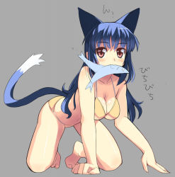 Rule 34 | 1girl, all fours, animal ears, bikini, blue hair, breasts, cat ears, cat tail, cleavage, fish, full body, halterneck, hanging breasts, large breasts, long hair, mouth hold, red eyes, sikorsky, solo, swimsuit, tail, yellow bikini