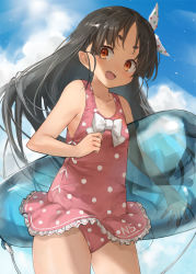 Rule 34 | 1girl, bare arms, bare legs, bare shoulders, black hair, blush, brown eyes, cowboy shot, day, fang, holding, kantai collection, long hair, nisshin (kancolle), one-piece swimsuit, open mouth, pink one-piece swimsuit, polka dot, polka dot swimsuit, short eyebrows, smile, solo, swimsuit, toka (marchlizard), very long hair