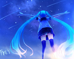 Rule 34 | 1girl, aqua hair, fkey, from behind, from below, hatsune miku, long hair, night, night sky, outstretched arms, panties, pantyshot, shooting star, skirt, sky, solo, spread arms, star (sky), starry sky, thighhighs, twintails, underwear, upskirt, very long hair, vocaloid