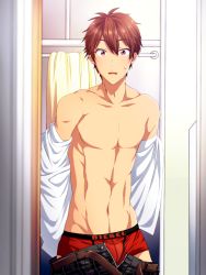 Rule 34 | 10s, 1boy, bad id, bad pixiv id, belt, boxer briefs, boxers, brand name imitation, brown hair, bulge, bunmare, caught, clothes pull, ensemble stars!, fitting room, highres, male focus, male underwear, mirror, morisawa chiaki, off shoulder, open belt, open mouth, open pants, pants, pants pull, red eyes, reflection, school uniform, solo, sweat, toned, toned male, topless male, underwear, undressing