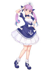 Rule 34 | 1girl, anchor symbol, ankle socks, blue hair, blush, braid, breasts, cleavage, closed mouth, colored inner hair, commentary request, dress, hair ribbon, highres, hololive, light blush, long hair, looking at viewer, maid, maid headdress, minato aqua, minato aqua (1st costume), multicolored hair, nakasima-syouta, purple eyes, purple hair, ribbon, shoes, simple background, smile, socks, solo, twintails, two-tone hair, virtual youtuber, white background, white socks