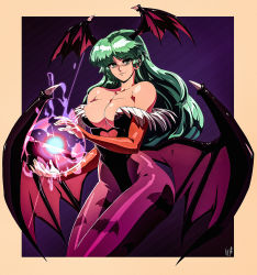 Rule 34 | 1990s (style), 1girl, animal print, bare shoulders, bat print, bat wings, black leotard, blush, breasts, bridal gauntlets, capcom, cleavage, clothing cutout, commentary, cowboy shot, david liu, demon girl, energy ball, english commentary, green eyes, green hair, head wings, heart cutout, highleg, highleg leotard, highres, impossible clothes, impossible leotard, large breasts, legs together, leotard, long hair, looking at viewer, low wings, morrigan aensland, nose blush, pantyhose, purple pantyhose, purple wings, retro artstyle, solo, strapless, strapless leotard, textless version, vampire (game), wings