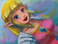Rule 34 | 1girl, blonde hair, blue eyes, breasts, chichi band, dress, elf, hair ornament, hair ribbon, large breasts, long hair, looking at viewer, nintendo, open mouth, pink dress, pointy ears, princess zelda, ribbon, shawl, smile, solo, the legend of zelda, the legend of zelda: skyward sword