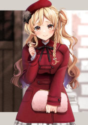 Rule 34 | 1girl, alternate costume, beret, blonde hair, blush, braid, breasts, brown eyes, buttons, closed mouth, coat, french braid, hat, highres, kantai collection, large breasts, long hair, long sleeves, looking at viewer, plaid, plaid skirt, red coat, red hat, skirt, smile, solo, upper body, wavy hair, white skirt, yunamaro, zara (kancolle)