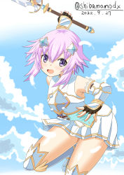 Rule 34 | absurdres, armor, bare shoulders, breasts, cloud, four goddesses online: cyber dimension neptune, gloves, hair ornament, hairclip, happy, highres, neptune (neptunia), neptune (series), open mouth, purple eyes, purple hair, shibamomodx, short hair, skirt, sky, small breasts, sword, thighs, weapon