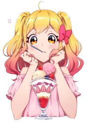 Rule 34 | 1girl, ahoge, aikatsu! (series), aikatsu stars!, blonde hair, blush, bow, closed mouth, commentary, food, fruit, gradient hair, hair bow, hands on own cheeks, hands on own face, heart, highres, ice cream, long hair, multicolored hair, nijino yume, pink hair, pink shirt, shirt, short sleeves, simple background, solo, spoon, strawberry, sundae, supersaiazin-kanako, symbol-only commentary, tongue, tongue out, twintails, upper body, utensil in mouth, white background, yellow eyes