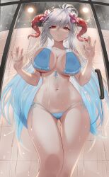 Rule 34 | 1girl, absurdres, against glass, alternate costume, bathroom, bikini, blue bikini, blue hair, breast press, breasts, breasts on glass, cameltoe, cleavage, clothed bath, commission, covered erect nipples, curled horns, fire emblem, fire emblem heroes, flower, freyja (fire emblem), gluteal fold, goat horns, gradient hair, grey hair, grin, hair ornament, highres, horns, large breasts, lights, long hair, looking at viewer, mature female, multicolored hair, navel, nintendo, open mouth, partially visible vulva, red eyes, red horns, shower (place), showering, side-tie bikini bottom, sideboob, smile, solo, standing, swimsuit, tile wall, tiles, underboob, water, wet, white hair, whois