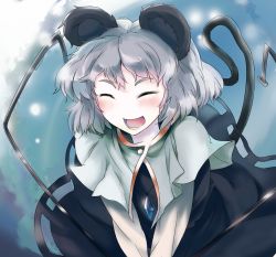 Rule 34 | 1girl, animal ears, blush, capelet, dowsing rod, dress, closed eyes, gem, grey dress, grey hair, jewelry, mouse ears, mouse tail, nazrin, necklace, open mouth, pendant, sinzan, smile, solo, tail, touhou