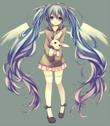 Rule 34 | 1girl, blue hair, rabbit, hatsune miku, kuroi (liar-player), long hair, skirt, solo, stuffed animal, stuffed toy, thighhighs, twintails, very long hair, vocaloid, wings