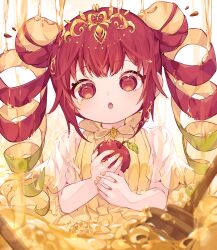 Rule 34 | 1girl, apple, apple peel, commentary request, dress, drill hair, film grain, food, food-themed hair, fruit, green hair, headpiece, highres, holding, holding food, holding fruit, honey, honey dipper, honeycomb (object), long hair, multicolored hair, open mouth, original, red apple, red eyes, red hair, ribbed dress, see-through, see-through sleeves, short sleeves, solo, tetolapis, twin drills, yellow dress, yellow nails
