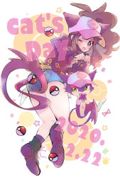 Rule 34 | 1girl, ;d, baseball cap, blush, boots, brown hair, cat day, commentary request, creatures (company), dated, denim, denim shorts, eyelashes, fang, game freak, gen 5 pokemon, green eyes, hat, highres, hilda (pokemon), long hair, looking at viewer, misha (ohds101), nintendo, one eye closed, open mouth, poke ball, poke ball (basic), pokemon, pokemon (creature), pokemon bw, pokemon ears, pokemon tail, purrloin, short shorts, shorts, sidelocks, smile, star (symbol), tail, tongue