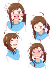 Rule 34 | 10s, 1girl, ahoge, angry, blush, brown eyes, brown hair, character sheet, embarrassed, expressions, hair ornament, hairclip, highres, laughing, long hair, looking at viewer, multiple views, nagomiya (shousha), nisekoi, onodera haru, open mouth, school uniform, side ponytail, white background