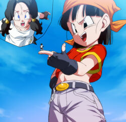 Rule 34 | &gt;:), 2girls, :d, bandana, belt, black eyes, black gloves, black hair, blue eyes, breasts, chain, commission, dragon ball, dragon ball gt, dragonball z, fingerless gloves, giant, giantess, gloves, medium breasts, midriff, mother and daughter, multiple girls, navel, open mouth, orange bandana, pan (dragon ball), red shirt, rom (20), shirt, size difference, skeb commission, small breasts, smile, spoken character, time paradox, v-shaped eyebrows, videl, white shirt