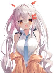 Rule 34 | 1girl, bare shoulders, breasts, hair ornament, hairclip, highres, large breasts, long hair, looking at viewer, mitsuhamochi, necktie, open mouth, oppai loli, orange eyes, original, sleeveless, solo, twintails, very long hair, white hair