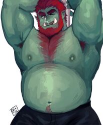 Rule 34 | 1boy, armpit hair, armpits, arms up, bara, beard, big belly, bright pupils, chest hair, colored skin, cowboy shot, facial hair, green skin, highres, huge eyebrows, large pectorals, looking at viewer, male focus, mature male, monster boy, muscular, muscular male, mustache stubble, navel hair, orc, original, pectorals, red hair, ruslorc, seductive smile, short hair, smile, solo, stubble, topless male, tusks