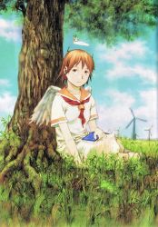 Rule 34 | 1girl, abe yoshitoshi, absurdres, angel wings, artbook, book, book on lap, brown eyes, brown hair, bug, butterfly, cloud, cloudy sky, day, grass, haibane renmei, halo, highres, holding, holding book, bug, looking up, messy hair, non-web source, rakka (haibane), scan, short hair, sitting, sky, smile, solo, tree, uniform, windmill, wings