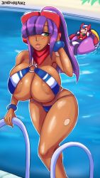 Rule 34 | 1boy, 1girl, areola slip, bikini, breasts, hair over one eye, highres, huge breasts, large areolae, layer (mega man), mega man (series), mega man x (series), mega man x dive, smile, solo focus, swimsuit, tumother, zero (mega man)
