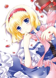 Rule 34 | 1girl, alice margatroid, bad id, bad pixiv id, blonde hair, blue eyes, book, bow, breasts, capelet, dress, female focus, flower, hair bow, hairband, lying, medium breasts, petals, ribbon, rose, sash, short hair, smile, solo, touhou, white-brown