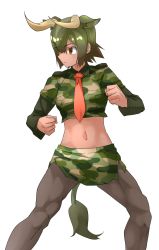Rule 34 | 1girl, animal ears, aurochs (kemono friends), black pantyhose, breast pocket, brown eyes, brown hair, camouflage, camouflage shirt, camouflage skirt, clenched hands, closed mouth, collared shirt, commentary request, cow ears, cow girl, cow horns, cow tail, cropped shirt, dark-skinned female, dark skin, empty eyes, extra ears, feet out of frame, fighting stance, green hair, hair between eyes, highres, horizontal pupils, horns, kemono friends, layered sleeves, long sleeves, microskirt, midriff, multicolored hair, navel, necktie, pantyhose, pocket, red necktie, serious, shirt, short hair, short over long sleeves, short sleeves, sidelocks, simple background, skirt, solo, standing, stomach, tail, tan, tanabe (fueisei), white background