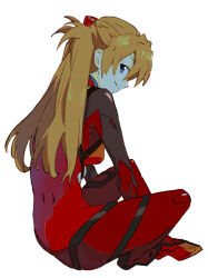 Rule 34 | 1girl, artist request, ass, blue eyes, bodysuit, breasts, brown hair, crossed legs, highres, interface headset, long hair, looking at viewer, looking to the side, medium breasts, neon genesis evangelion, plugsuit, red bodysuit, shiny clothes, sitting, skin tight, smile, souryuu asuka langley, two side up, very long hair, white background