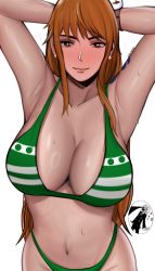 Rule 34 | absurdres, armpits, arms up, bad id, bad pixiv id, blush, breasts, brown eyes, edmun6969, highres, huge breasts, lips, long hair, looking at viewer, nami (one piece), navel, one piece, orange hair, presenting armpit, sanji (one piece), simple background, sweat, tattoo, very long hair, white background