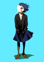 Rule 34 | 1girl, absurdres, bad id, bad twitter id, black pantyhose, black sweater, blue background, blue hair, blue skirt, bocchi the rock!, brown footwear, closed mouth, collared shirt, full body, highres, kerorira, loafers, long sleeves, looking at viewer, neck ribbon, pantyhose, paper, paper on head, pleated skirt, red ribbon, ribbon, shirt, shoes, short hair, simple background, skirt, sleeves past fingers, sleeves past wrists, solo, standing, sweater, white shirt, wind, yamada ryo, yellow eyes