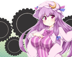 Rule 34 | 1girl, bow, breasts, capelet, crescent, crescent moon, female focus, gears, hair bow, halftone, halftone background, hat, impossible clothes, impossible shirt, kanatsu, large breasts, long hair, moon, patchouli knowledge, purple eyes, purple hair, shirt, solo, touhou, upper body
