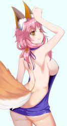 Rule 34 | animal ear fluff, animal ears, ass, back, backless dress, backless outfit, bare back, bare shoulders, breasts, butt crack, commentary, commentary request, d z, dress, fate/grand order, fate (series), fox ears, fox girl, fox tail, highres, huang lingyin, large breasts, light smile, looking at viewer, looking back, meme attire, naked sweater, no pussy, pink hair, sideboob, simple background, sweater, sweater dress, tail, tamamo (fate), tamamo no mae (fate/extra), turtleneck, turtleneck sweater, virgin killer sweater, white background, yellow eyes