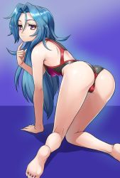 Rule 34 | 100 percent orange juice, 1girl, all fours, ass, bare shoulders, barefoot, blue hair, commentary, english commentary, finger to own chin, from behind, long hair, looking at viewer, looking back, maritan (pixelmaritan), multicolored eyes, one-piece swimsuit, simple background, smile, soles, solo, star breaker (orange juice), suguri, swimsuit