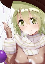 Rule 34 | 1girl, absurdres, breasts, brown gloves, closed mouth, coat, eyes visible through hair, gloves, green eyes, green hair, hair between eyes, hand up, hat, highres, komeiji koishi, looking at viewer, mantou xiang, medium breasts, short hair, simple background, smile, solo, third eye, touhou, upper body, white background