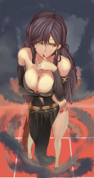 Rule 34 | 1girl, anklet, bare shoulders, black hair, breast hold, breasts, circlet, cleavage, earrings, fingernails, fire emblem, fire emblem: the blazing blade, full body, jewelry, large breasts, long fingernails, long hair, nail polish, nintendo, nonji (sayglo halo), red nails, side slit, solo, sonia (fire emblem: the blazing blade), thumb to mouth, very long hair, yellow eyes