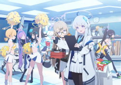 Rule 34 | 6+girls, alternate costume, alternate hairstyle, animal ears, arm up, armpits, blue archive, cheerleader, clock, closed eyes, dog ears, dog tail, glasses, hair ornament, hairclip, halo, hare (blue archive), headband, hibiki (blue archive), hibiki (cheer squad) (blue archive), highres, jacket, kotama (blue archive), kotori (blue archive), kotori (cheer squad) (blue archive), long hair, medium hair, millennium cheerleader outfit (blue archive), multiple girls, noa (blue archive), official art, open mouth, pantyhose, pom pom (cheerleading), sumire (blue archive), tail, uniform, utaha (blue archive), utaha (cheer squad) (blue archive), window