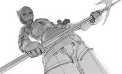 Rule 34 | 1girl, absurdres, armor, blush, braid, breastplate, closed mouth, folded ponytail, freckles, from below, full armor, gauntlets, greyscale, halberd, highres, holding, holding polearm, holding weapon, looking at viewer, monochrome, original, polearm, simple background, smile, solo, standing, wass nonnam, weapon, white background