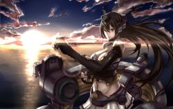 Rule 34 | &gt;:/, 10s, 1girl, :/, breasts, brown hair, cleavage, clenched hands, elbow gloves, fighting stance, fingerless gloves, gloves, headgear, horizon, kantai collection, large breasts, long hair, machinery, nagato (kancolle), navel, ocean, pleated skirt, red eyes, skirt, sky, solo, sunrise, torn clothes, tsuuhan, v-shaped eyebrows