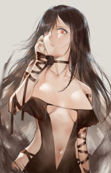 Rule 34 | 1girl, absurdres, bare shoulders, black dress, breasts, brown hair, center opening, choker, cleavage, collarbone, dress, fate/grand order, fate (series), grey background, hand on own cheek, hand on own face, hand up, highres, horz, long hair, medium breasts, navel, red eyes, solo, stomach, strapless, strapless dress, very long hair, yu mei-ren (fate)