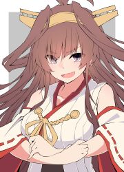 Rule 34 | 1girl, absurdres, ahoge, artist name, bare shoulders, border, breasts, brown hair, commentary, commentary request, crossed arms, detached sleeves, eyes visible through hair, fang, hairband, headgear, highres, japanese clothes, kantai collection, kimono, kongou (kancolle), large breasts, long hair, looking at viewer, nontraditional miko, outside border, purple eyes, ribbon-trimmed sleeves, ribbon trim, sakakiba misogi, skin fang, solo, v-shaped eyebrows, white border, white kimono, wide sleeves