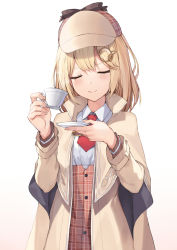 Rule 34 | 1girl, blonde hair, blouse, brown capelet, capelet, closed eyes, coat, collared shirt, commentary, cup, deerstalker, hat, highres, holding, holding cup, holding plate, hololive, hololive english, light blush, long sleeves, medium hair, necktie, pak ce, plate, red necktie, saucer, shirt, simple background, smile, solo, teacup, upper body, virtual youtuber, watson amelia, watson amelia (1st costume), white background, white shirt
