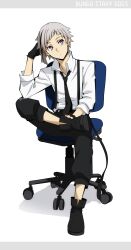 Rule 34 | 1boy, absurdres, black gloves, bungou stray dogs, chair, closed mouth, figure four sitting, full body, gloves, grey hair, hand on own head, highres, mari (marimaripink), nakajima atsushi (bungou stray dogs), shirt, solo, twitter username, white shirt, yellow eyes