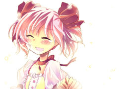 Rule 34 | 10s, 1girl, blush, choker, closed eyes, hair ribbon, holding hands, jewelry, kaname madoka, magical girl, mahou shoujo madoka magica, mahou shoujo madoka magica (anime), pendant, pink hair, puffy sleeves, ribbon, short hair, short twintails, simple background, smile, solo focus, sparkle, tears, twintails, yuzuki (rurirara)