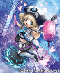Rule 34 | 1girl, blonde hair, blue eyes, boots, building, cardfight!! vanguard, child, company name, curly hair, feathered wings, hat, heart, kawasumi (japonica), necktie, official art, open mouth, recovery celestial ramuel, solo, sparkle, syringe, wings