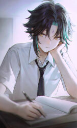 Rule 34 | 1boy, aamoooon e, alternate costume, black hair, black necktie, book, closed mouth, collared shirt, facial mark, forehead mark, genshin impact, green hair, hair between eyes, head rest, highres, holding, holding pen, looking at viewer, male focus, multicolored hair, necktie, pen, shirt, solo, white shirt, xiao (genshin impact), yellow eyes